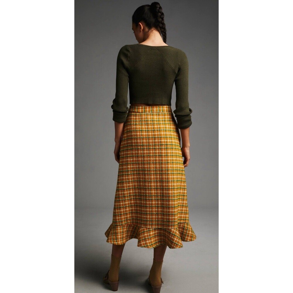 Anthropologie English Factory Midi Skirt Yellow Green Plaid Preppy Small New - Picture 9 of 15